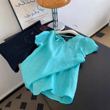 Ramie Blue V-neck Shoulder Short-sleeved Shirt Women's Unique Beautiful Top Light Luxury High-end