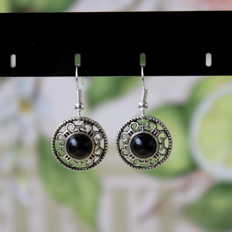 Ethnic Style Design Miao Silver Retro Turquoise Flower Disk Earrings