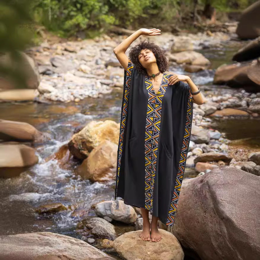 Maxi African Tribal Pattern Ethnic Style Handmade Robe Pocket Skirt