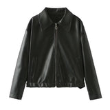 Solid Color Square Collar Leather Jacket Coat