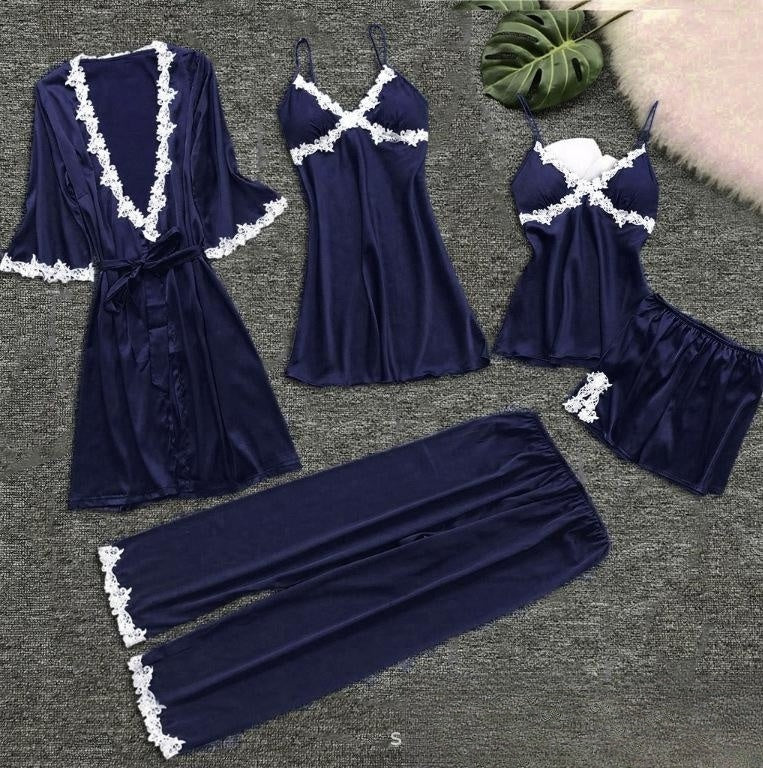 KF Wild Lady Sexy Lace Splicing Sling Pajamas Five-piece Set Multi-color Series Foreign Trade Sexy Sleepwear Suit