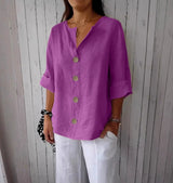 Loose-fit Women's V-neck Cotton-Linen Button T-shirt Top