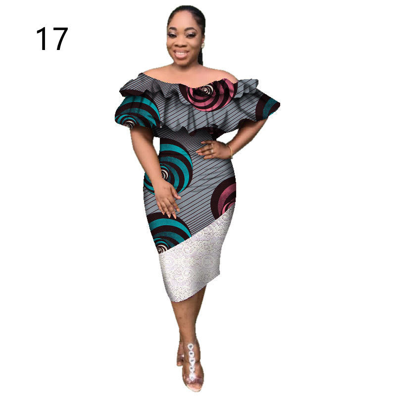 African Batik One-shoulder Mid-length Lace Stitching Skirt