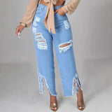Solid Color Distressed Washed Denim Jeans