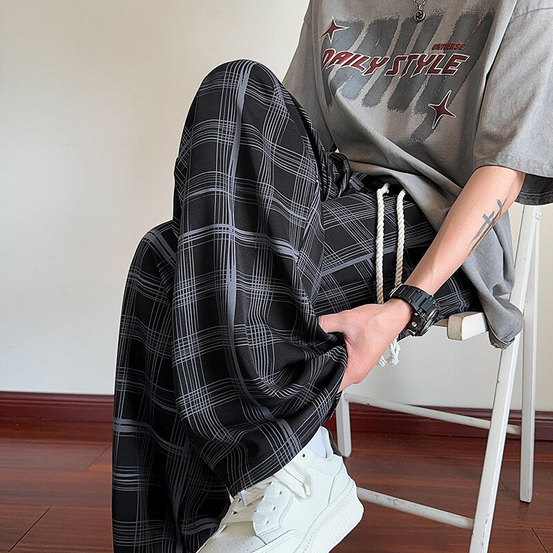 Plaid Ice Silk Men's Summer Thin Cool Casual Trousers