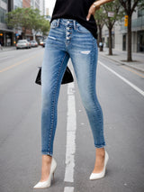 Women's Single Breasted Blue Washed Denim Jeans, High Waisted Elastic Tight Jeans, Fashionable And Casual, Basic Style, Comfortable Version, Versatile And Error Free