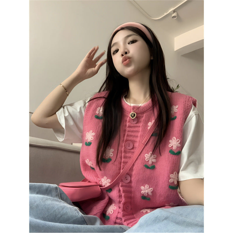 Embroidery Flower Knitted Vest Cardigan Sweet Sweater