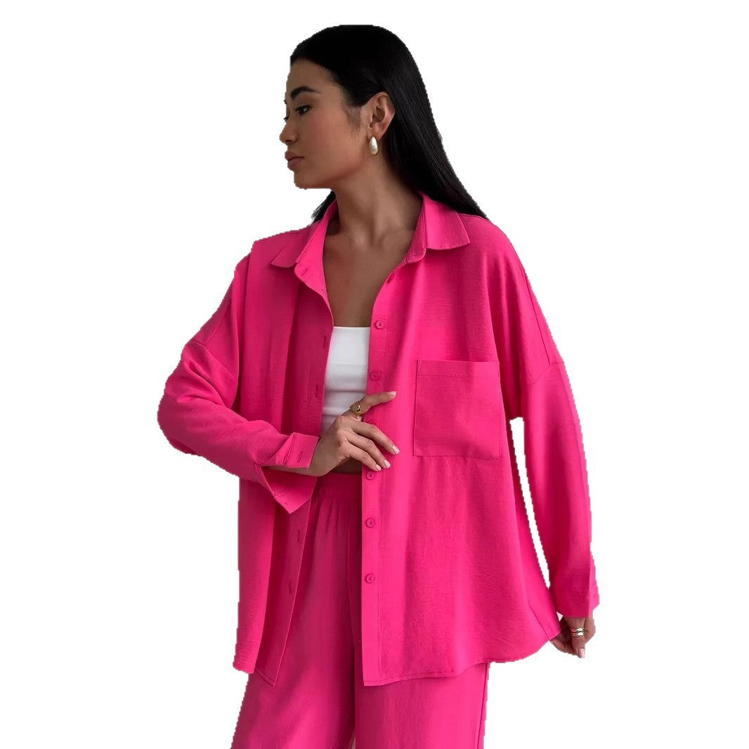 Women's Solid Color Cardigan Pocket Casual Wide-leg Trousers Suit