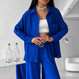 Women's Solid Color Cardigan Pocket Casual Wide-leg Trousers Suit