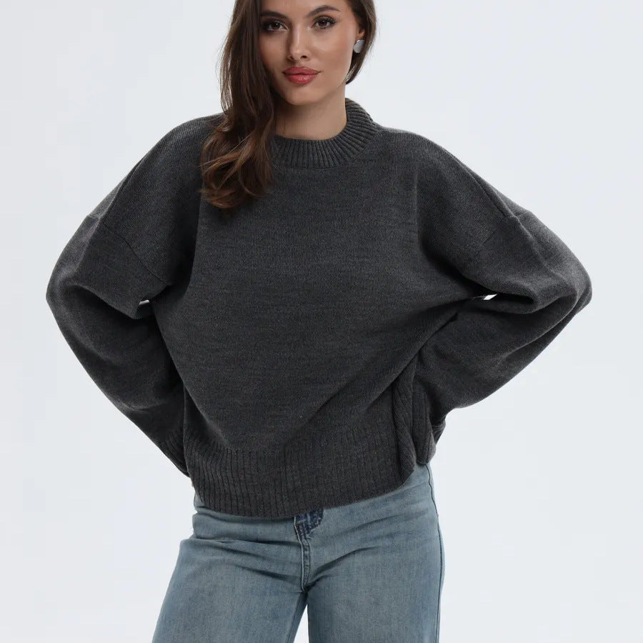 Round Neck Pullover Loose-fitting Solid Color Long Sleeves All-match Sweater
