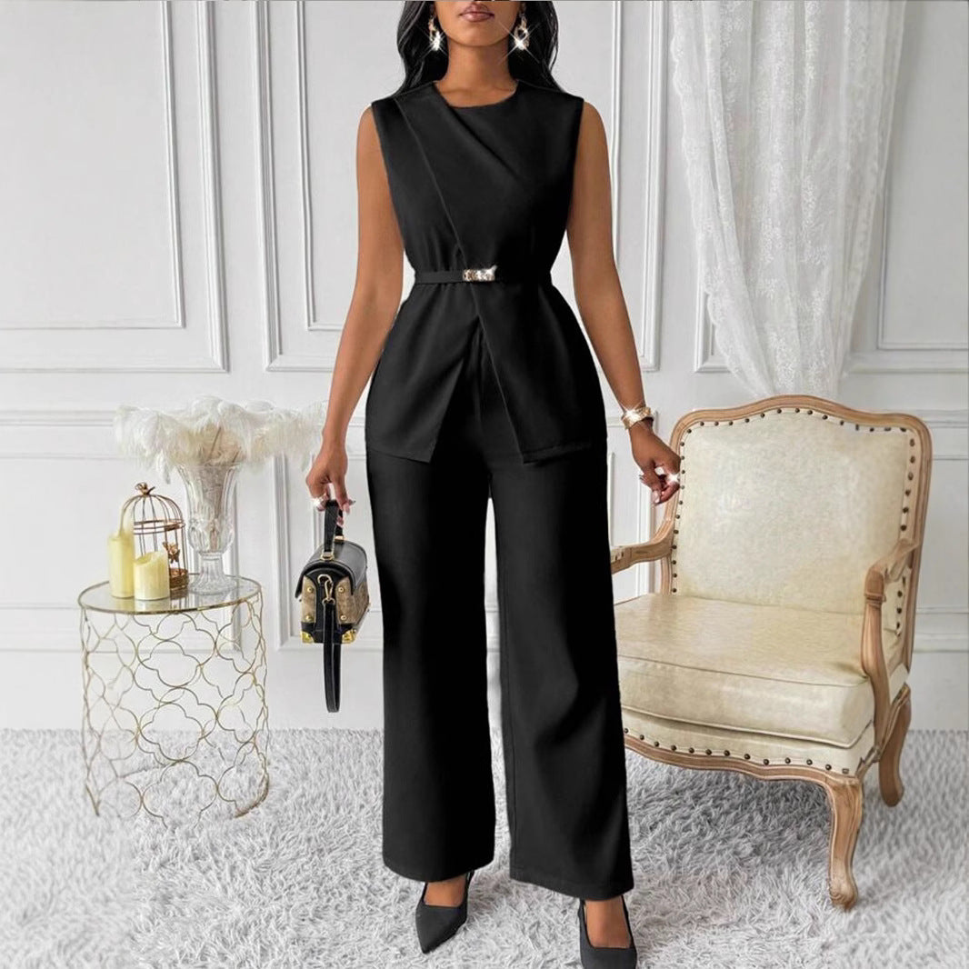 Top Sleeveless Belt Two-piece Pants Casual Suit