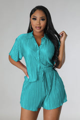 Casual Pleated Short-sleeved Shorts Two-piece Set