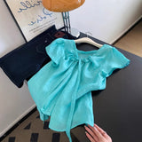 Ramie Blue V-neck Shoulder Short-sleeved Shirt Women's Unique Beautiful Top Light Luxury High-end