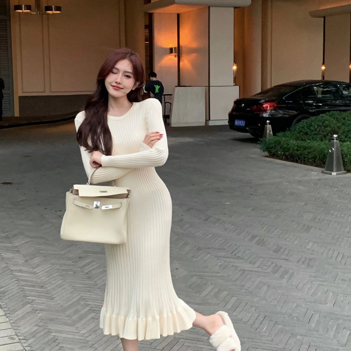 Retro Temperament Sunken Stripe Knitted Bottoming Fishtail Dress