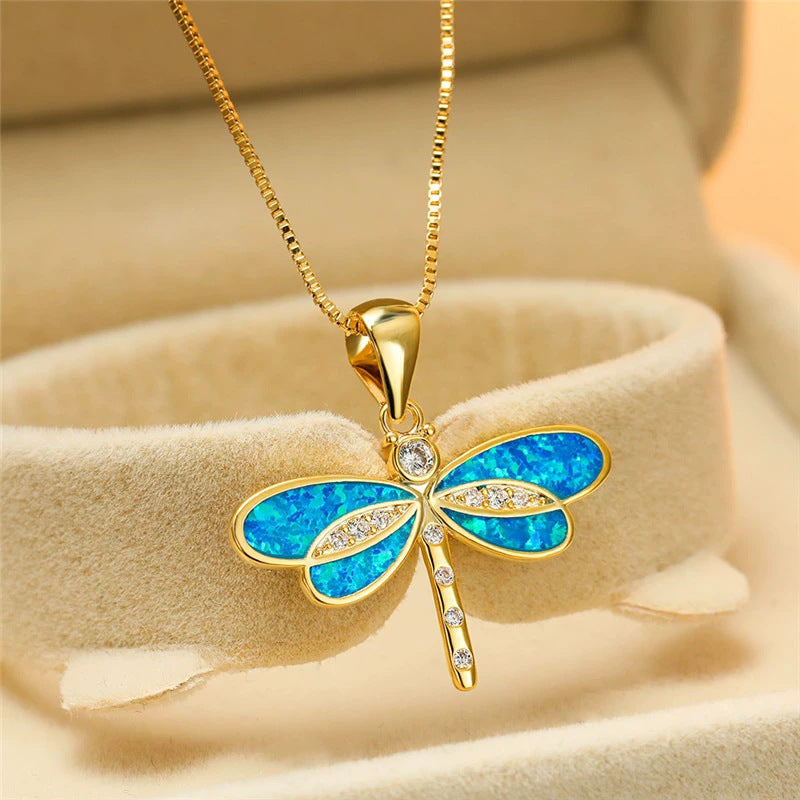 Cold Style Gold Dragonfly Opal Necklace