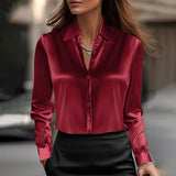 Spring And Autumn Temperament Long Sleeve Satin Swing Collar Top Shirt For Women