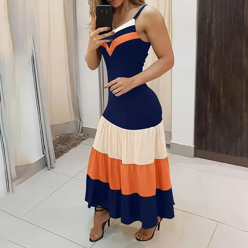 Women's Summer Casual Sleeveless V Neck Color Block Spaghetti Strap Maxi Long Dress