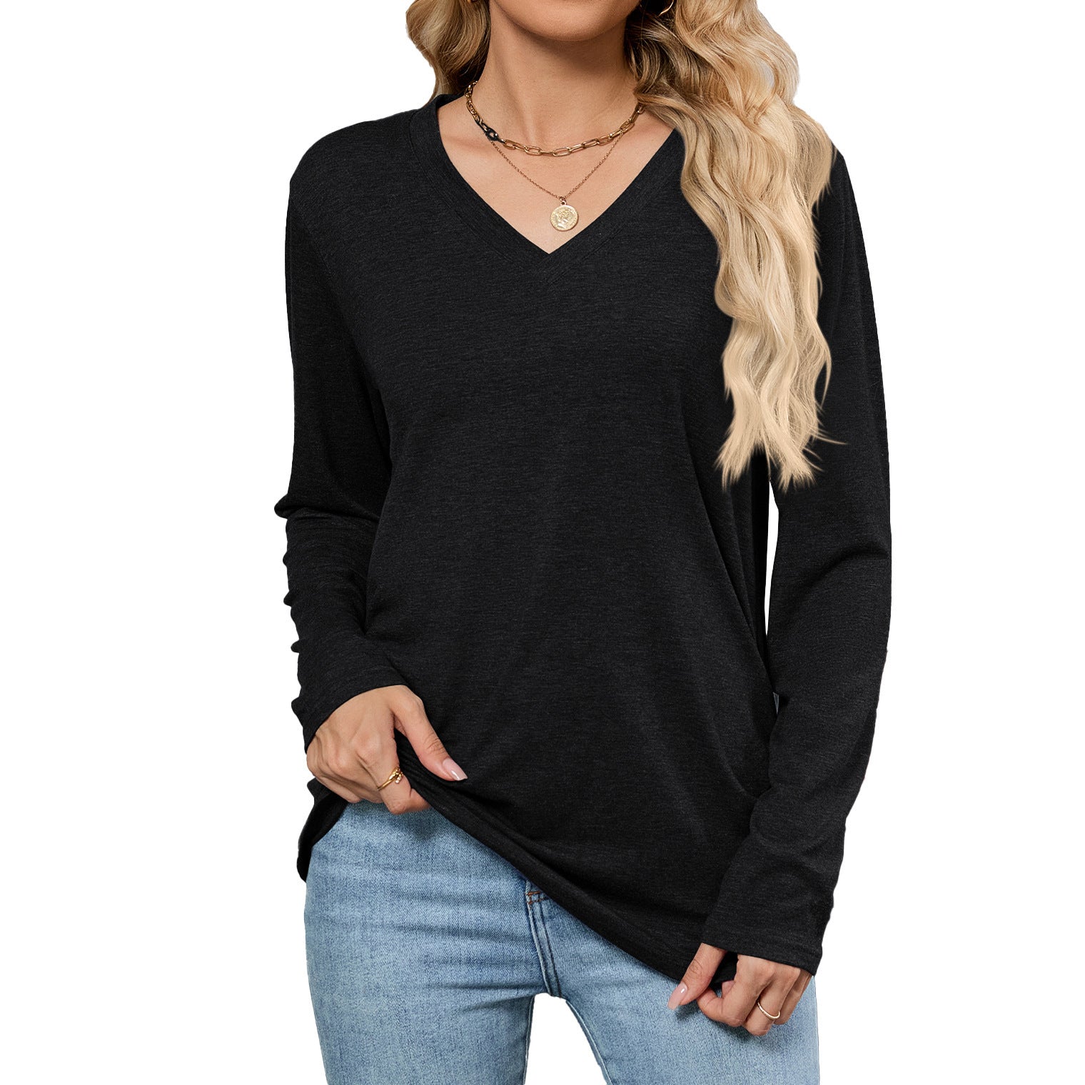 Leisure Pullover V-neck Solid Color Loose Long Sleeves