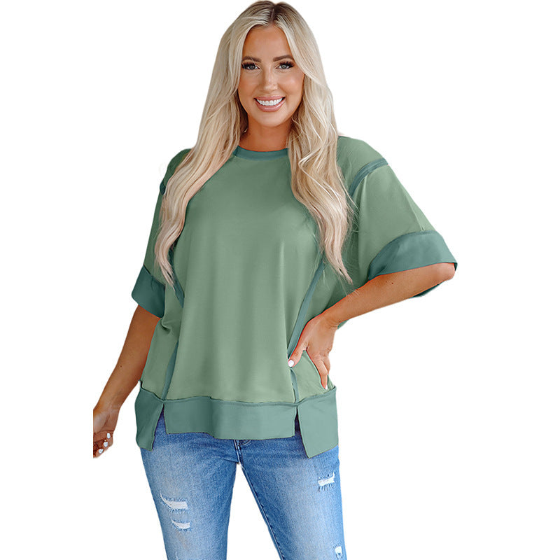Women's Round Neck Short-sleeved Shirt Loose Casual Slit T-shirt
