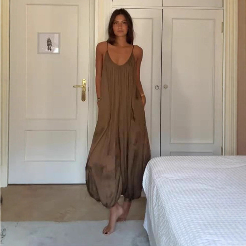 Women's Solid Color Casual Loose V-neck Sleeveless Pleated Backless Jumpsuit