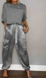 Fashion Women's Smooth Satin Half Sleeve Top Blouse And Pants Two-piece Set