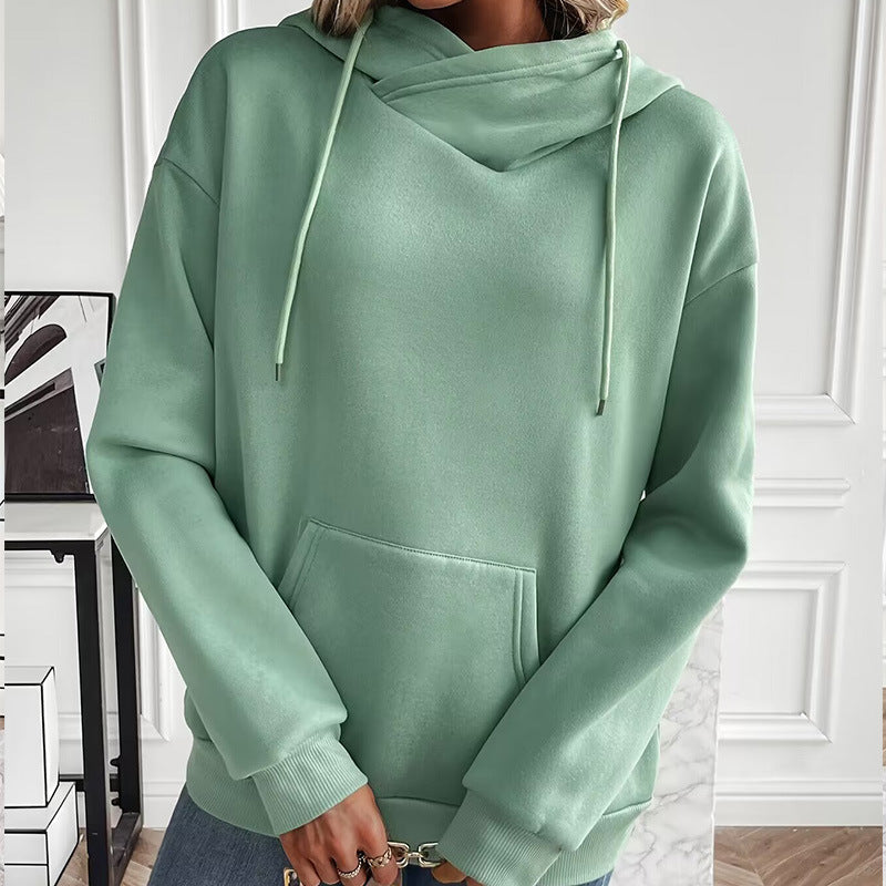 Solid Color Hooded Drawstring Front Pocket Long Sleeve Sweater