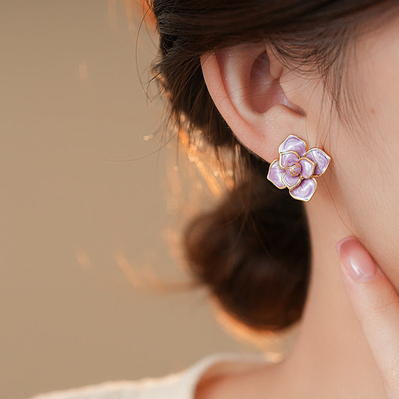 Gold Plated Silver Needle Purple Oil-spot Glaze Flowers Stud Earrings