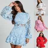 Stand Collar Lantern Long Sleeve Hollow Dress