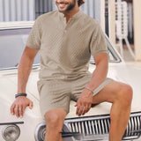 Men's Clothes Summer Wear Jacquard Walf Checks Fabric Short Sleeve Shorts Suit