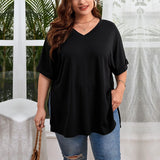 Women's V-neck Loose Casual Slit Solid Color Short Sleeve T-shirt Top