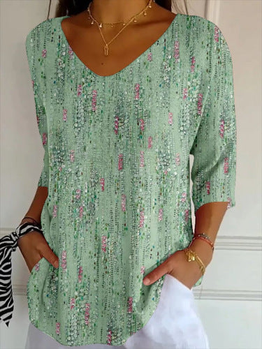 New 3D Printed Women's European And American Fashion Floral V-neck Shirt Top