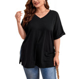 Women's V-neck Loose Casual Slit Solid Color Short Sleeve T-shirt Top