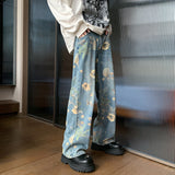 Men's Printed Floral Wide-leg Washed Jeans Mid-waist Straight Pants