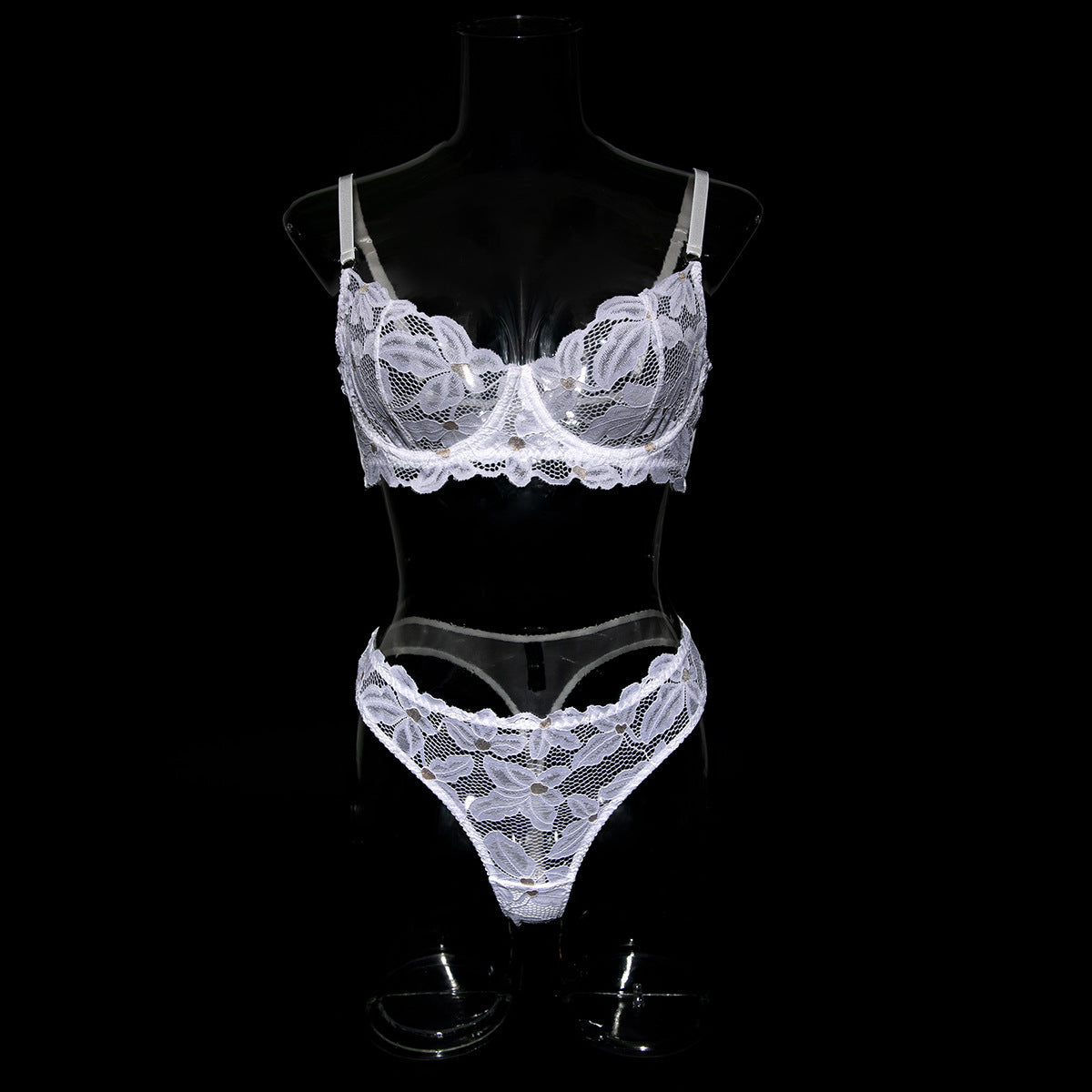 Women's White See-through Love Steel Ring Gathering Bra Panties Set