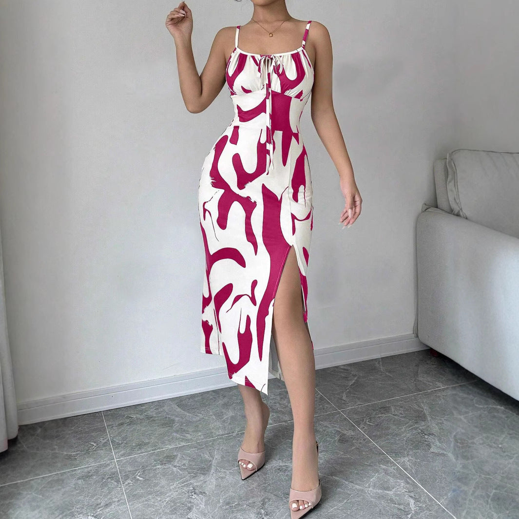 Summer Printed Suspender Split Dress Fashion Slim Lace-up Long Dresses For Women Clothing
