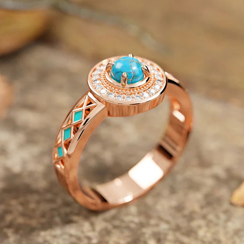 Women's Turquoise Ethnic Style Oil Micro Inlaid Zircon Ring