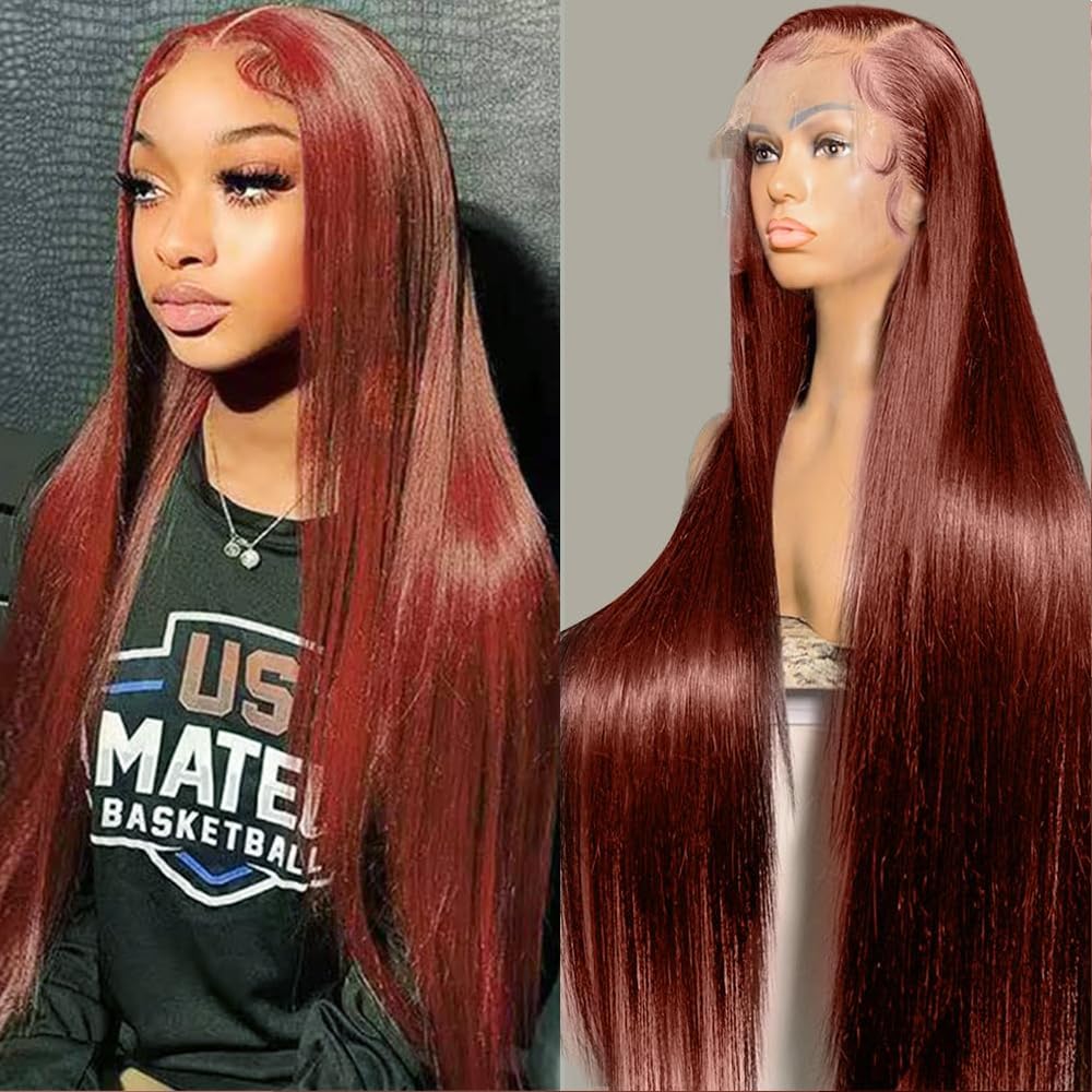 13x4 HD Lace Frontal Human Hair Wig, Straight Hair Reddish Brown Color, 150 Density