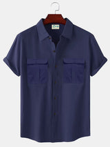 Solid Color Patchwork Linen Cardigan Short Sleeve Loose Lapels Men's Shirt