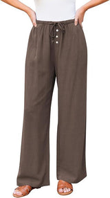 High Waist Button Drawstring Loose Casual Summer Wide-leg Pants With Pockets