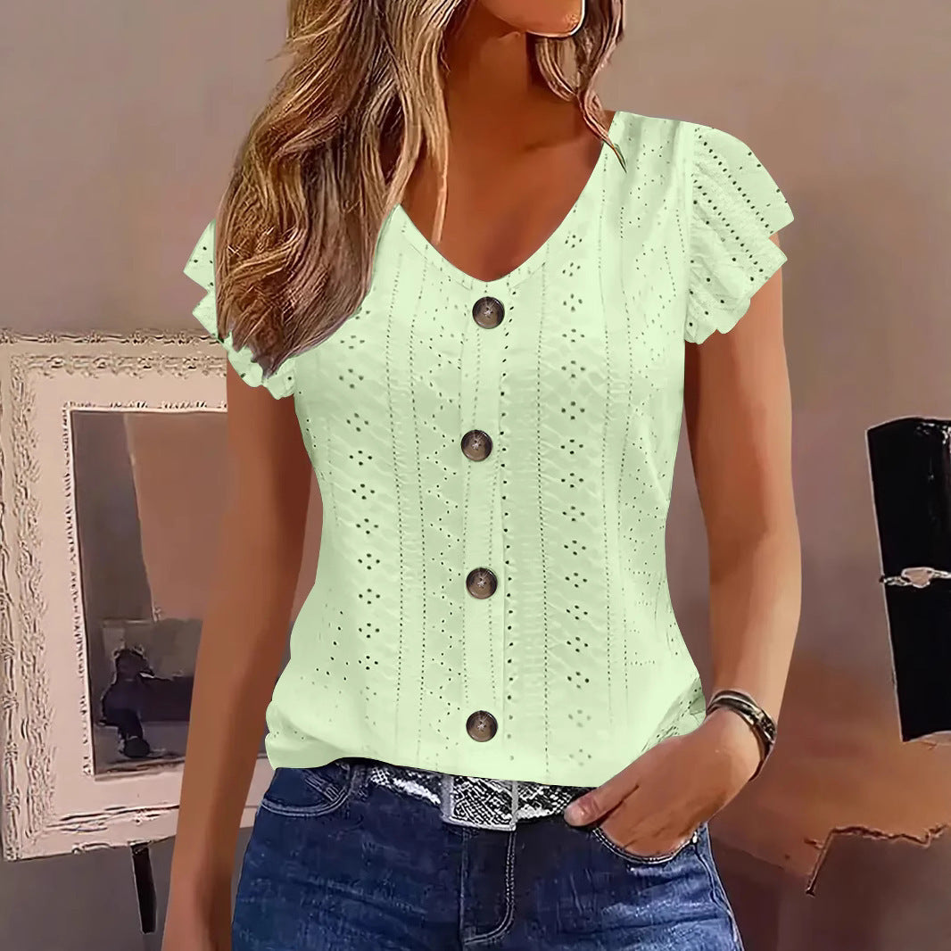 Solid Color Jacquard V-neck Buttons Long Sleeve T-shirt