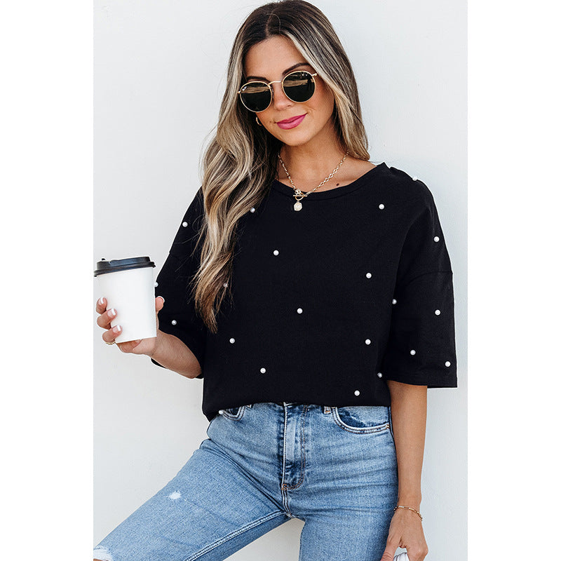 European And American Fashion & Trend Beaded Round Neck Short Sleeve