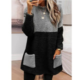 Round Neck Patchwork Pocket Long Sleeve Double-sided Velvet Sweatshirt
