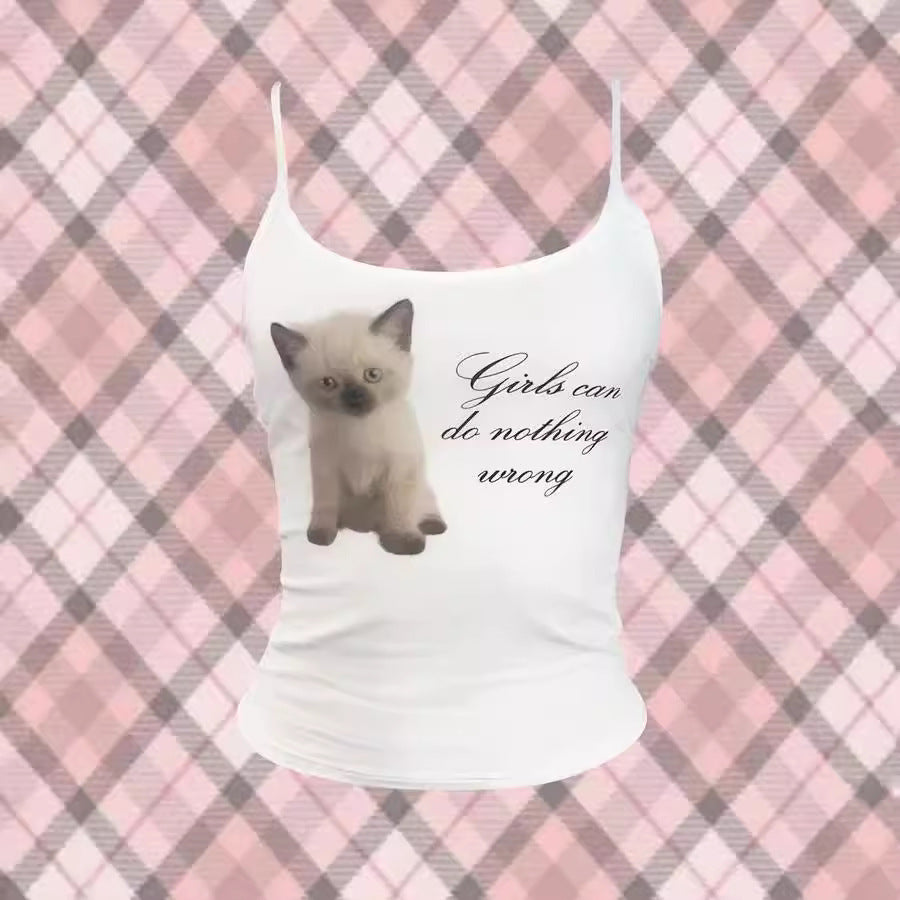 Cute Cat Letter Print Vest Sling Girl Slim Fit
